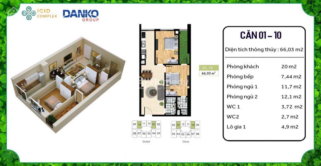 Căn hộ số 01 - 10 Thiết Kế 2PN - 2VS - Cửa Chính Đông Nam - Ban Công Tây Bắc