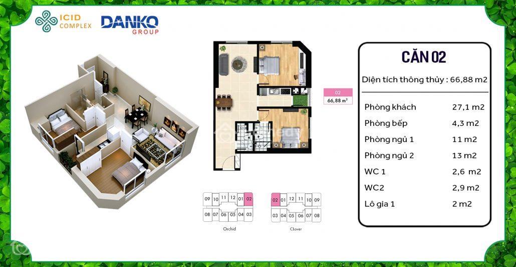 Căn hộ số 02 Thiết Kế Căn Hộ 2PN - 2 VS - Cửa Chính Đông Nam - Ban Công Đông Bắc - Tây Bắc