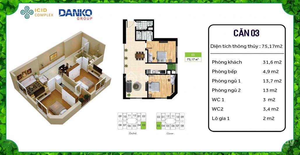 Căn hộ số 03 Thiết Kế Căn Hộ 2PN - 2VS - Cửa Chính Tây Bắc - Ban Công Đông Nam - Đông Bắc