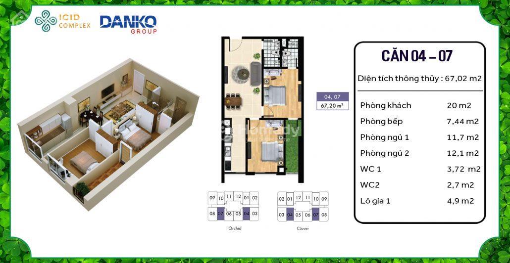Căn hộ số 04 - 07 Thiết kế 2PN - 2VS - Cửa Chính Tây Bắc - Ban Công Đông Nam