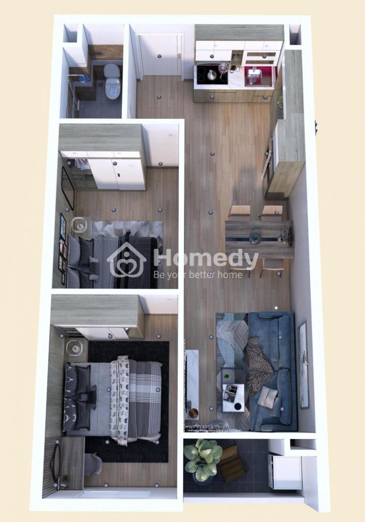 Mặt bằng thiết kế căn hộ 2 phòng ngủ