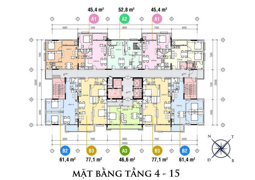Mặt bằng tầng 4 - 15 của dự án The First Minh Linh Compound