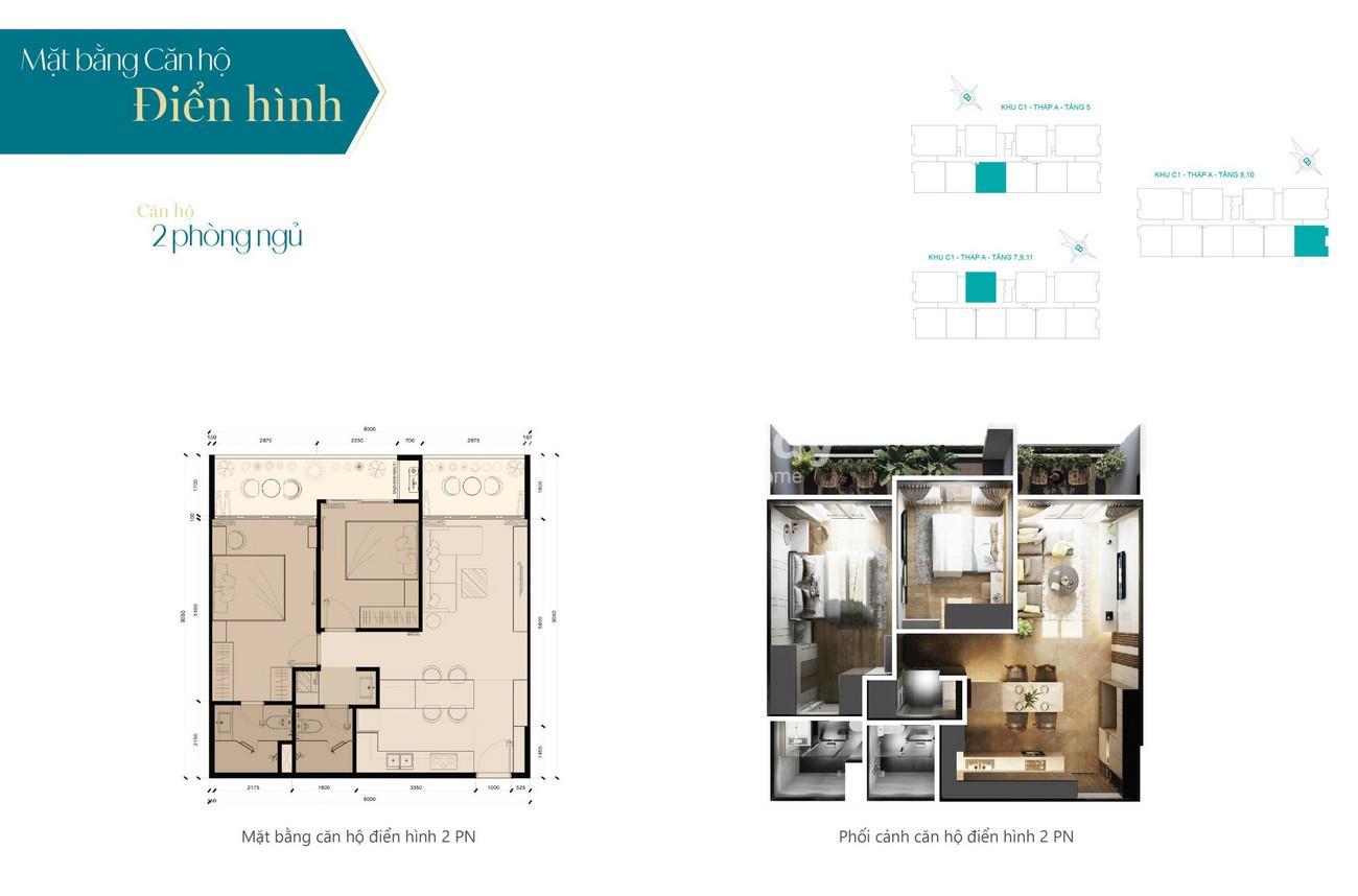 Thiết kế mặt bằng căn hộ 2 phòng ngủ