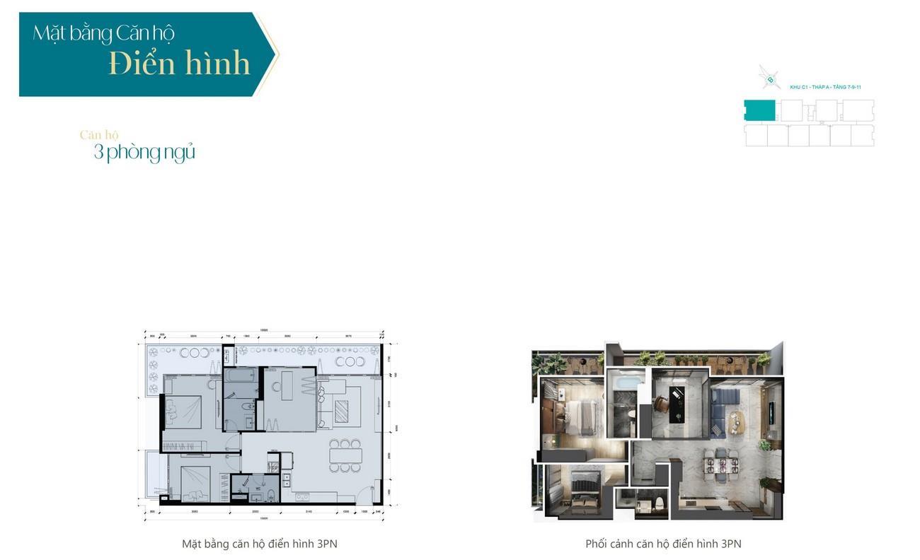 Thiết kế mặt bằng căn hộ 3 phòng ngủ