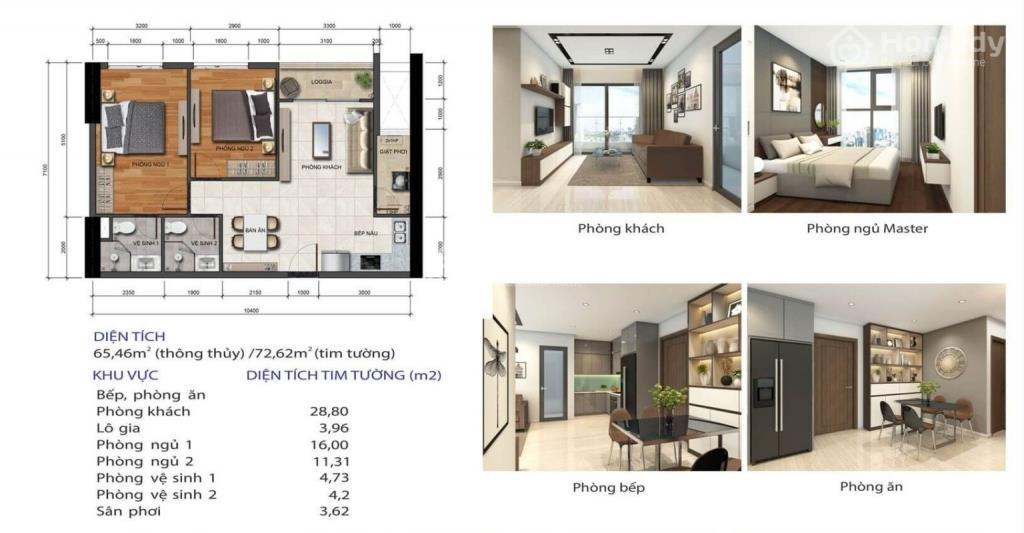 Mặt bằng căn hộ 2 PN